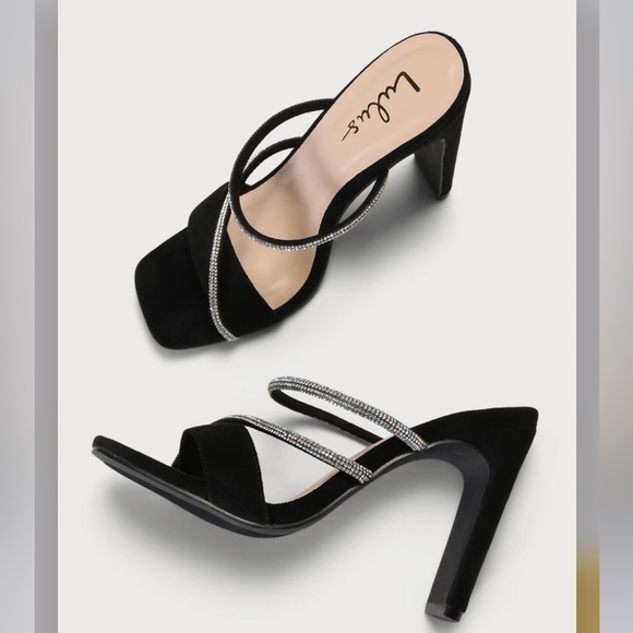NEW Lulu’s Mulla Black Suede Rhinestone High Heel Slide Sandals. Sz: 8 - Picture 3 of 12
